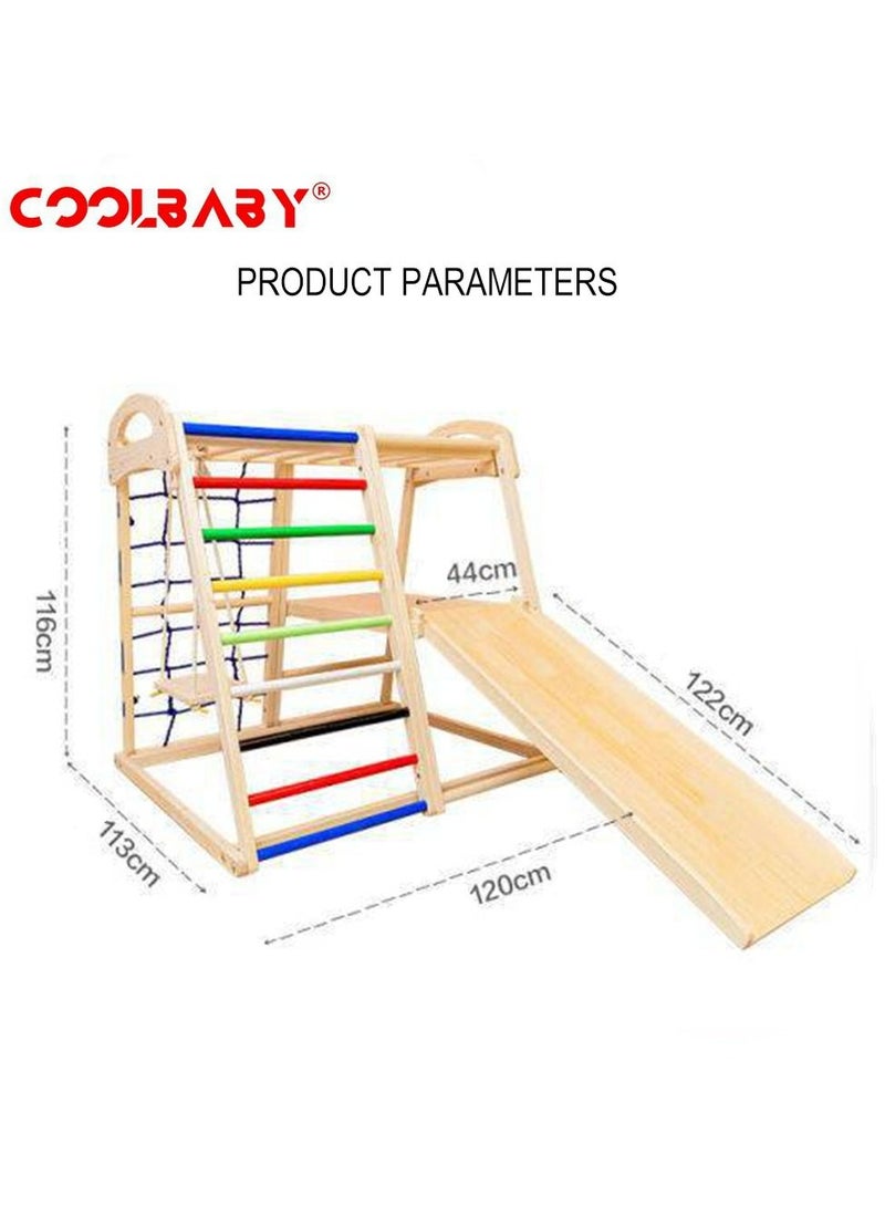 COOLBABY 6 in 1 Solid Wood Children's Climbing Frame  Indoor Toddler And Kids Indoor Gym Playground  Rock Climbing Slide Swing Combination Double-Sided Slide Board (Climbing/Slide)