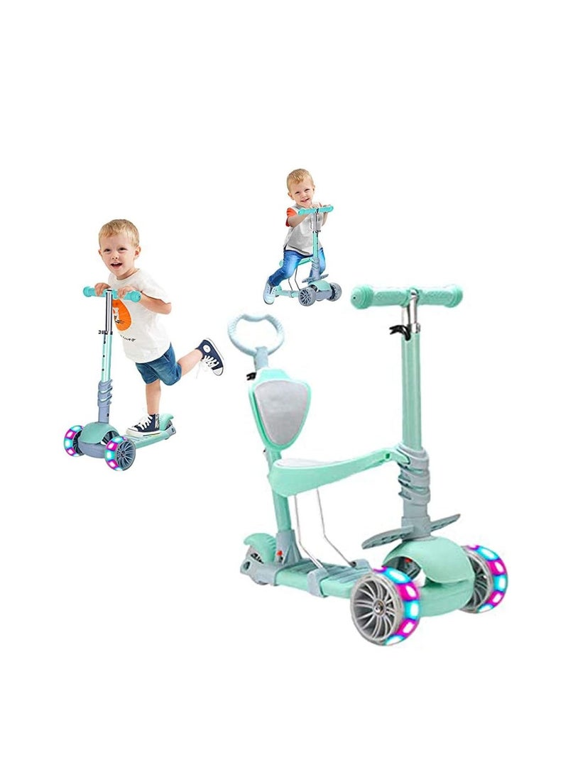 5 in 1 Kids Kick Scooter, 3 Wheels Walker with Removable Seat and Back Rest, 4 Adjustable Height for Toddlers 1-8 Years Old Support 50 kg
