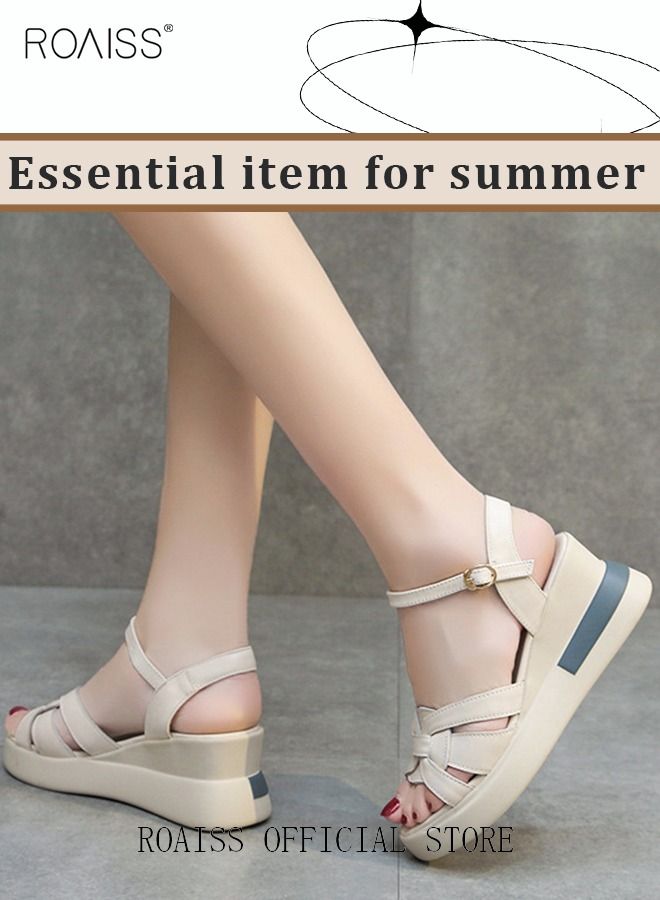 Wedge Sandals for Women Comfortable Open Toe Sandals Casual Summer Buckle Open Toe Ankle Strap Platform Sandals Platform Wedge Heels Sandals Rubber Sole Shoes