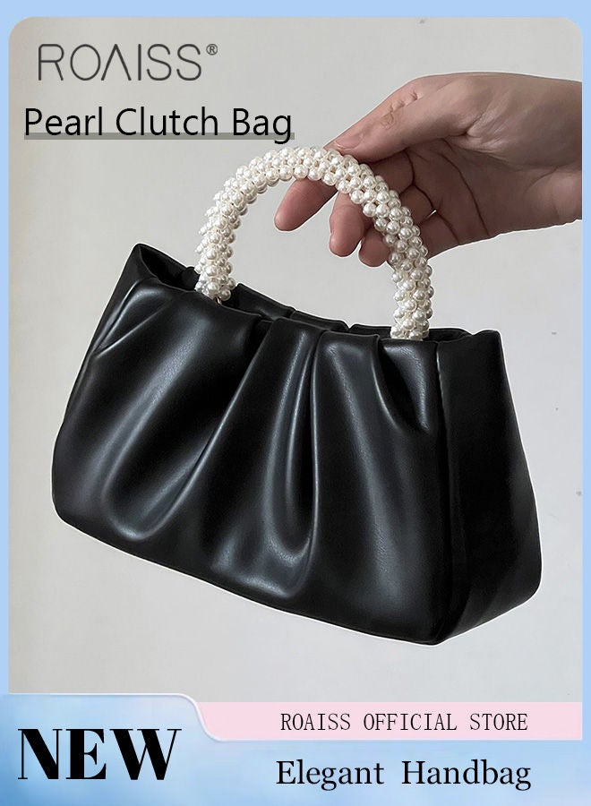 Elegant Pearl Purse Clutch Bag Pleated Cloud Shoulder Crossbody Handbags Women Pearl Tote Bag Rhinestone Clutch Handbag