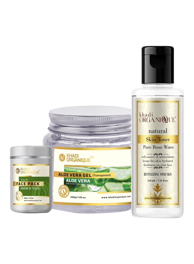 Pack Of 3 Neem Tulsi Face Pack Rose Water Skin Toner Transparent Aloe Vera Gel 460ml