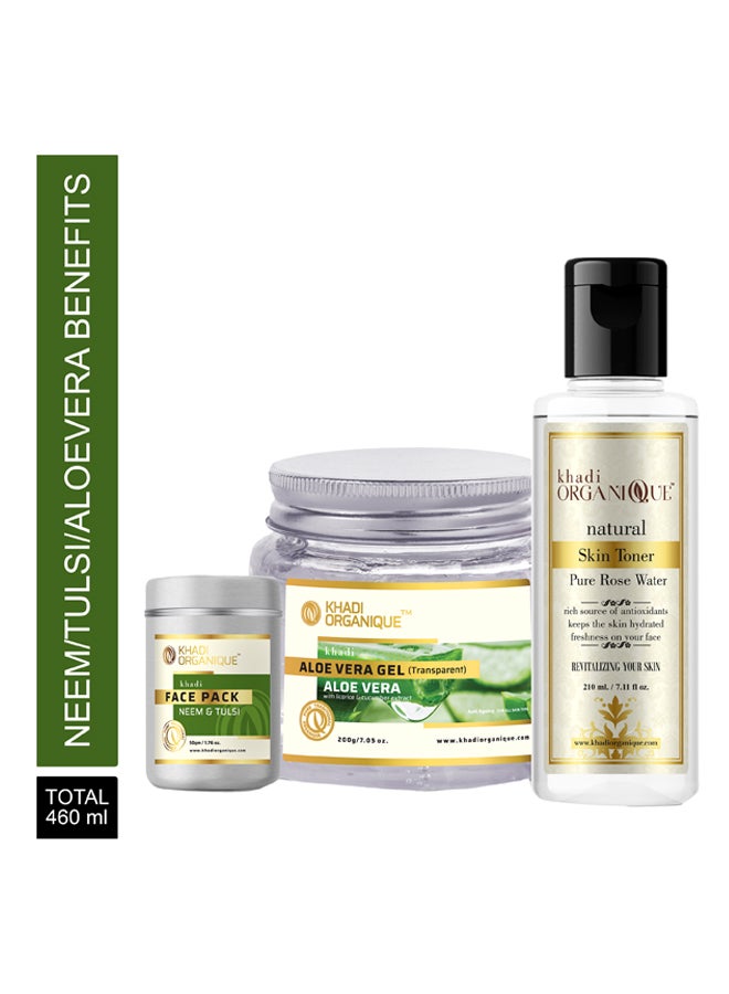 Pack Of 3 Neem Tulsi Face Pack Rose Water Skin Toner Transparent Aloe Vera Gel 460ml