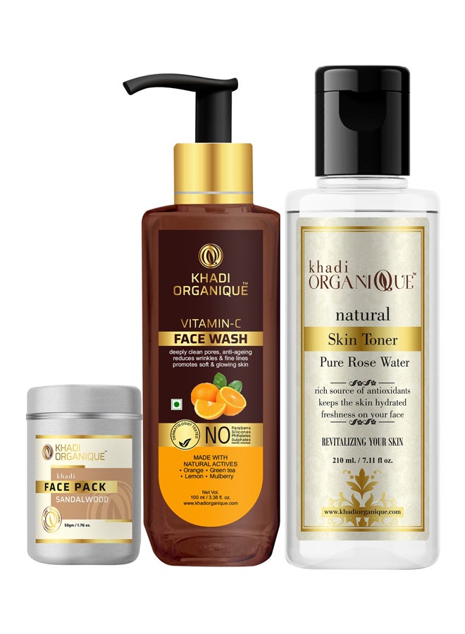 Pack Of 3 Organic Rose Water Skin Toner Vitamin C Face Wash and Sandalwood Face Pack 470grams