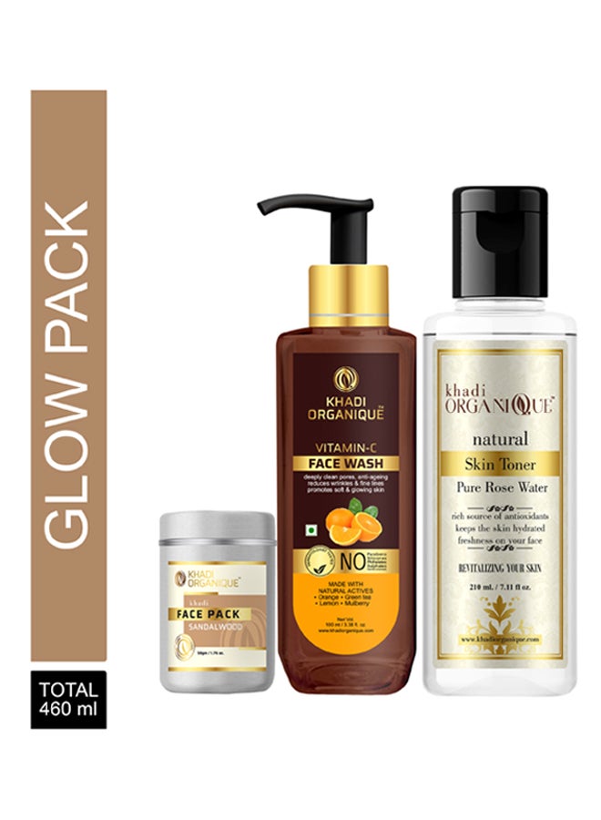 Pack Of 3 Organic Rose Water Skin Toner Vitamin C Face Wash and Sandalwood Face Pack 470grams