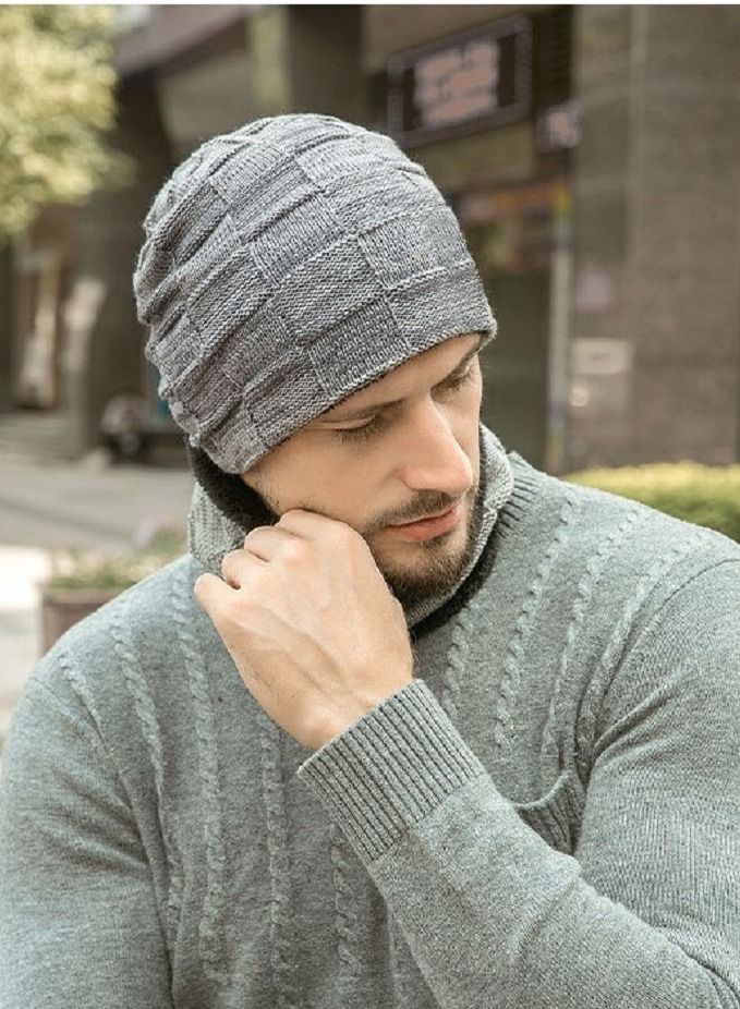 2pcs Mens Winter Beanie Hats Scarf Set Warm Knit Hats Skull Cap Neck Warmer with Thick Fleece Lined Winter Outdoor Sports Hat Sets Grey