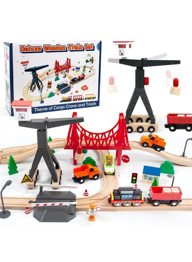 Wooden Train Set, 56Piece Deluxe Kids Toy Train Set For 2 3 4 5 Year Old Boy, Cargothemed Train Track With Tower Crane & Suspension Bridge Fits Thomas Brio Chuggington Melissa Orbrium