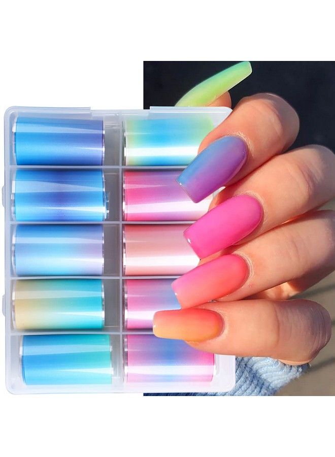 10 Rolls Fluorescent Aurora Color Nail Foils Nail Art Transfer Stickers Kit Colorful Neon Nail Foil Stickers Gradient Iridescent Transfer Sheets Foil Nail Wraps For Nail Art Supplies
