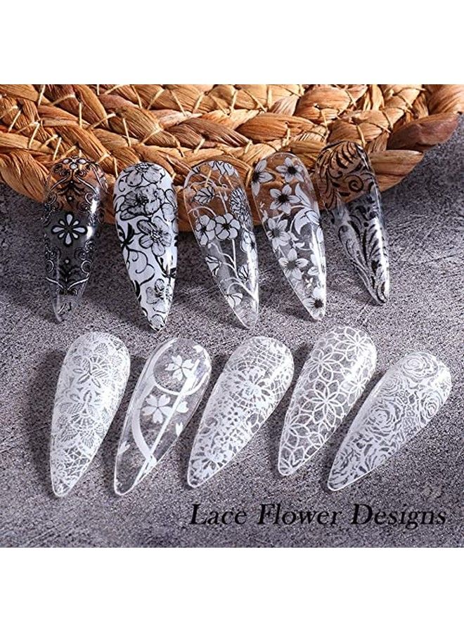 40 Sheets Lace Nail Art Foil Transfer Stickers Retro Atmosphere Black White Lace Design Nail Transfer Foils For Acrylic Manicure Tips Wraps Charms Decorations