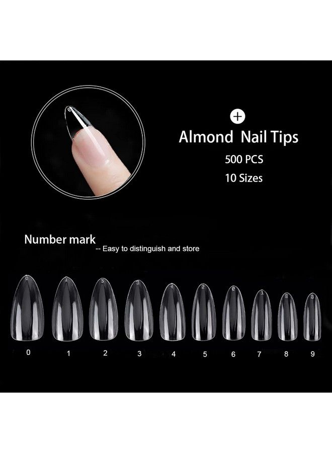 Fake Nail Tips 500Pcs Medium Almond Shaped Clear Acrylic Nails Full Cover Press On Nails For Diy Nail Art 10 Sizes