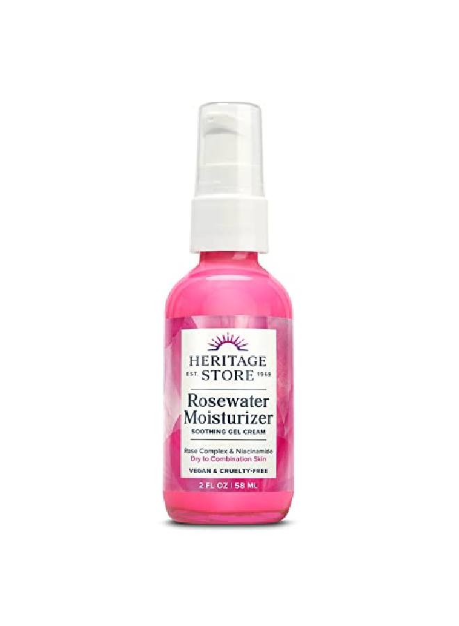 Rosewater Facial Moisturizer Soothing Gel Cream For Dry Skin To Combination Skin With Rose Complex Niacinamide & Hyaluronic Acid Vegan Paraben Free & Cruelty Free 2Oz