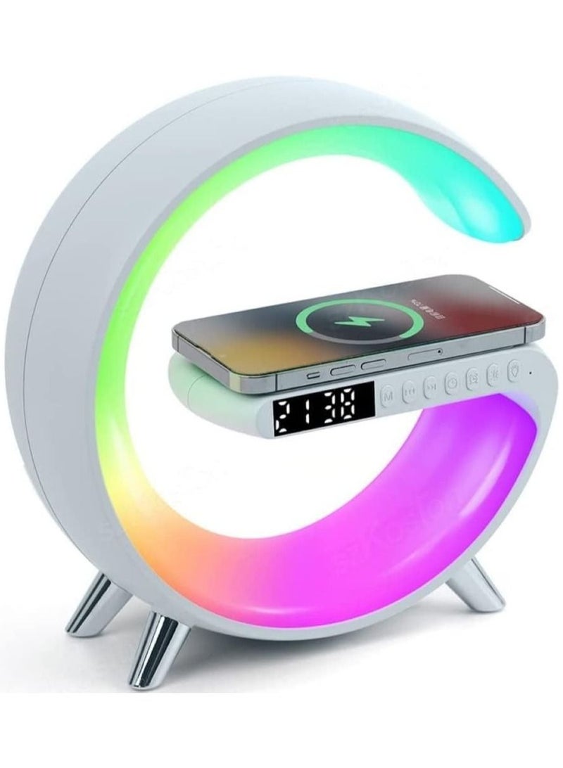 4 In 1 Wireless Charger Night Light Lamp - Smart Sunrise Hatch Alarm Clock - Bluetooth Speaker APP Control Table Desk Lamp for Bedroom Home Decor Office Gift (White)