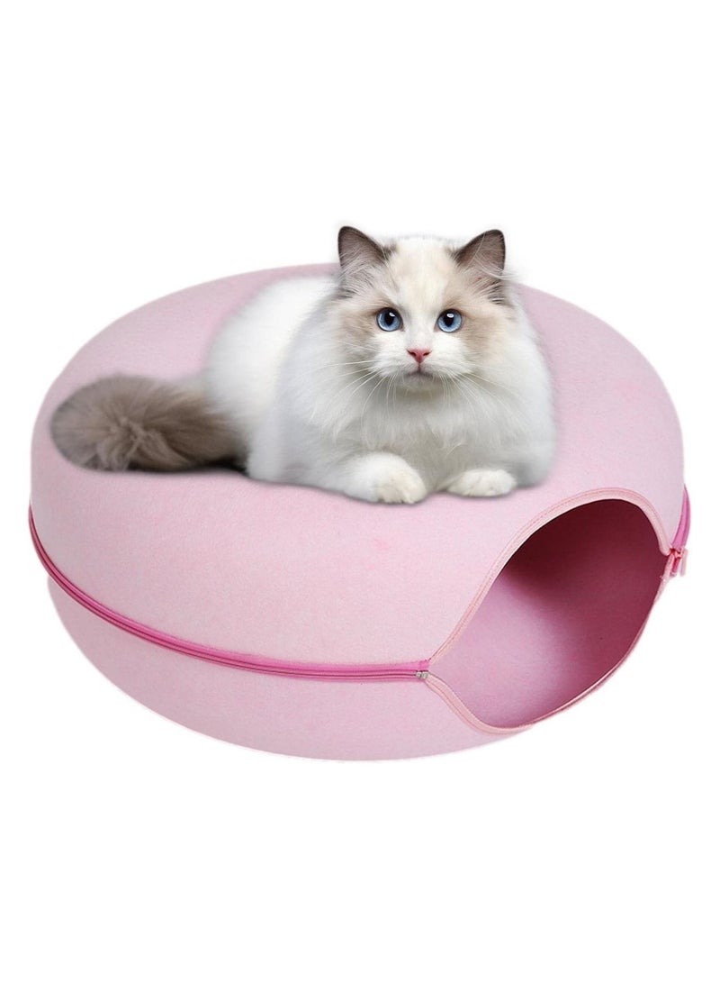 20In Cat Tunnel Bed for Indoor Cats,Removable Cat Nest,Indoor cat Hideout,Round Donut Felt Pet Nest,Semi-Closed Washable Cat Tunnel Nest, for All Dogs Cats(Pink, 50CM)