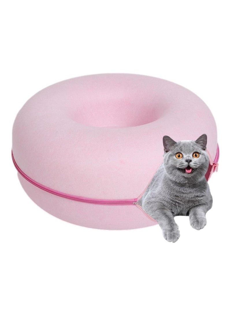 20In Cat Tunnel Bed for Indoor Cats,Removable Cat Nest,Indoor cat Hideout,Round Donut Felt Pet Nest,Semi-Closed Washable Cat Tunnel Nest, for All Dogs Cats(Pink, 50CM)