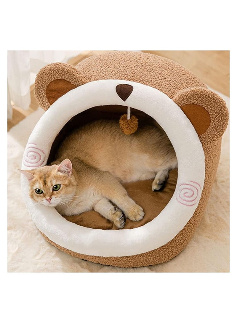 Cat Bed, Self-Warming Cat Tent Cave for Kittens and Small Dogs Triangle Cat House Hut with Washable Cushion for Outdoor and Indoor (Coffey Bear, Large)