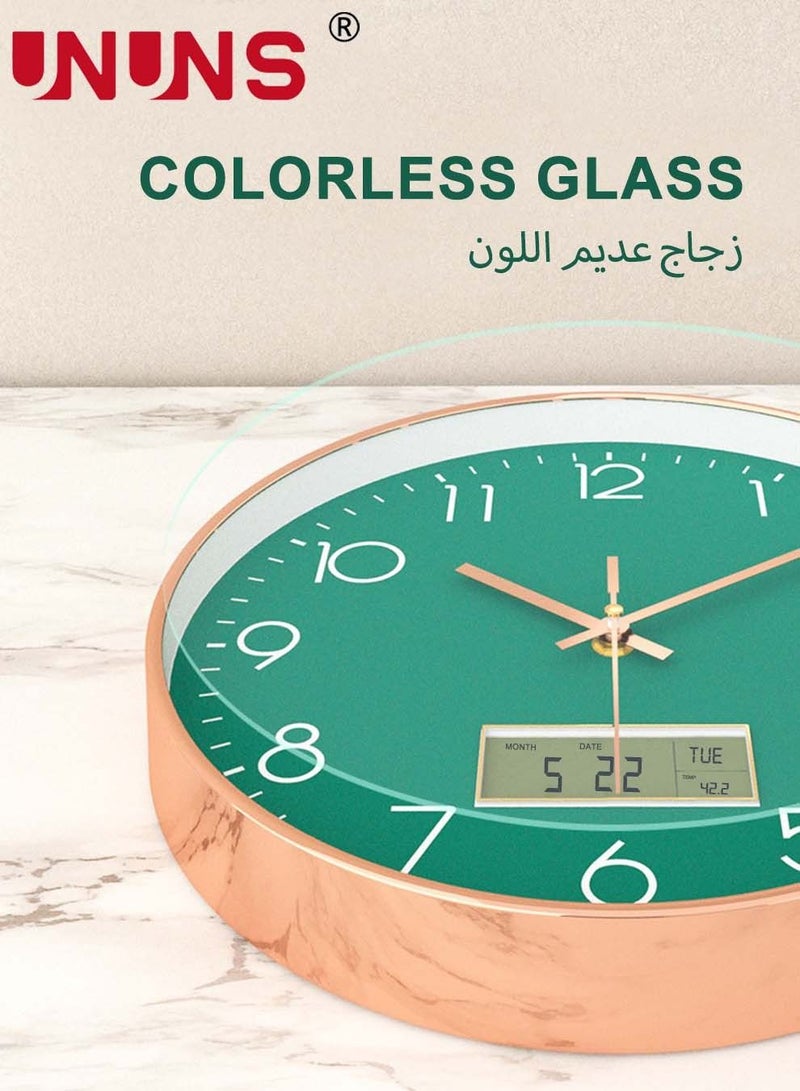 Plastic Frame Wall Clock,Green Rose Gold Frame Digital Wall Clock With Date And Temperature,12 Inch Non-Ticking Round Wall Clock For Home,Decorative Wall Clocks