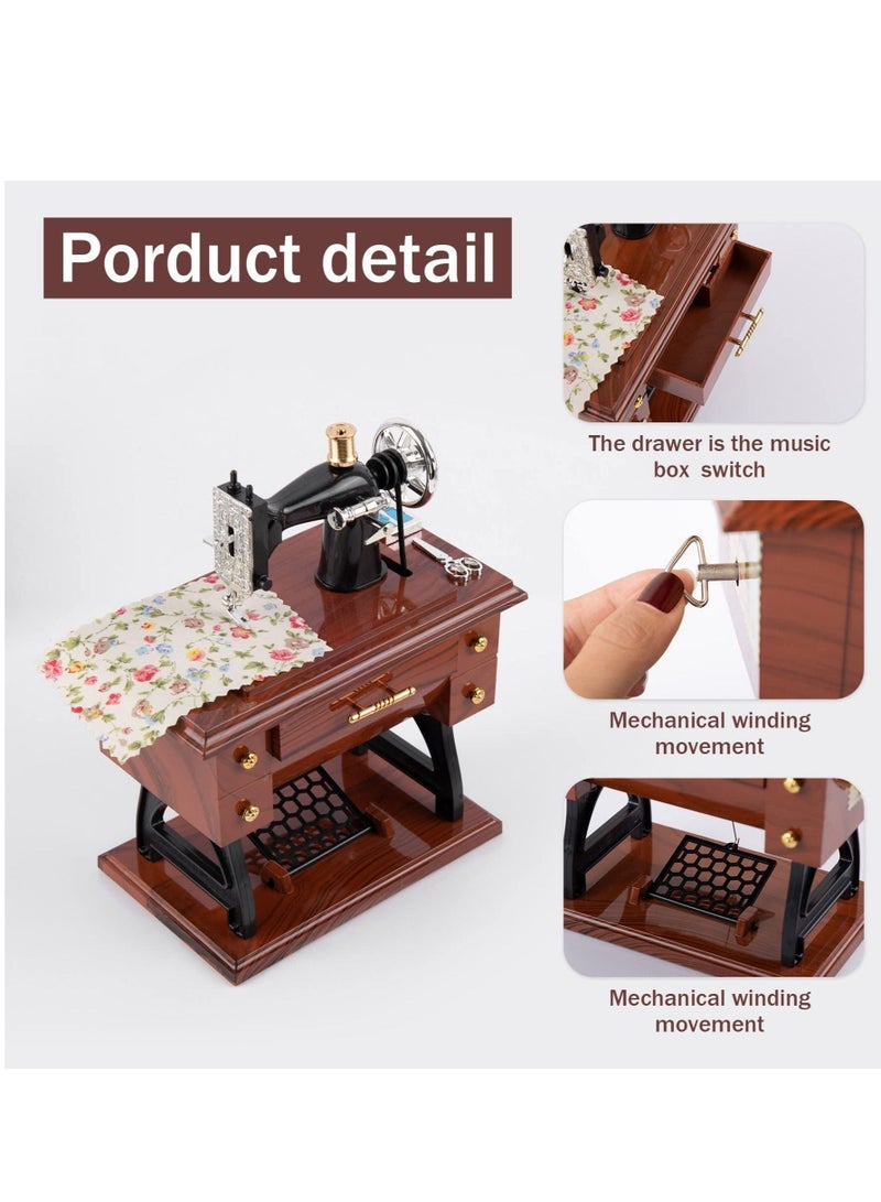 Sewing Machine Music Box, Vintage Hand Cranked Mechanism Mini Musical Retro Classical Table Desk Decoration Brown