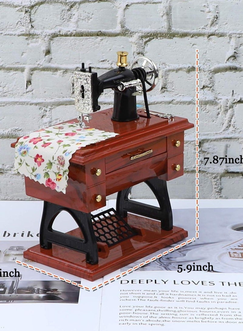 Sewing Machine Music Box, Vintage Hand Cranked Mechanism Mini Musical Retro Classical Table Desk Decoration Brown