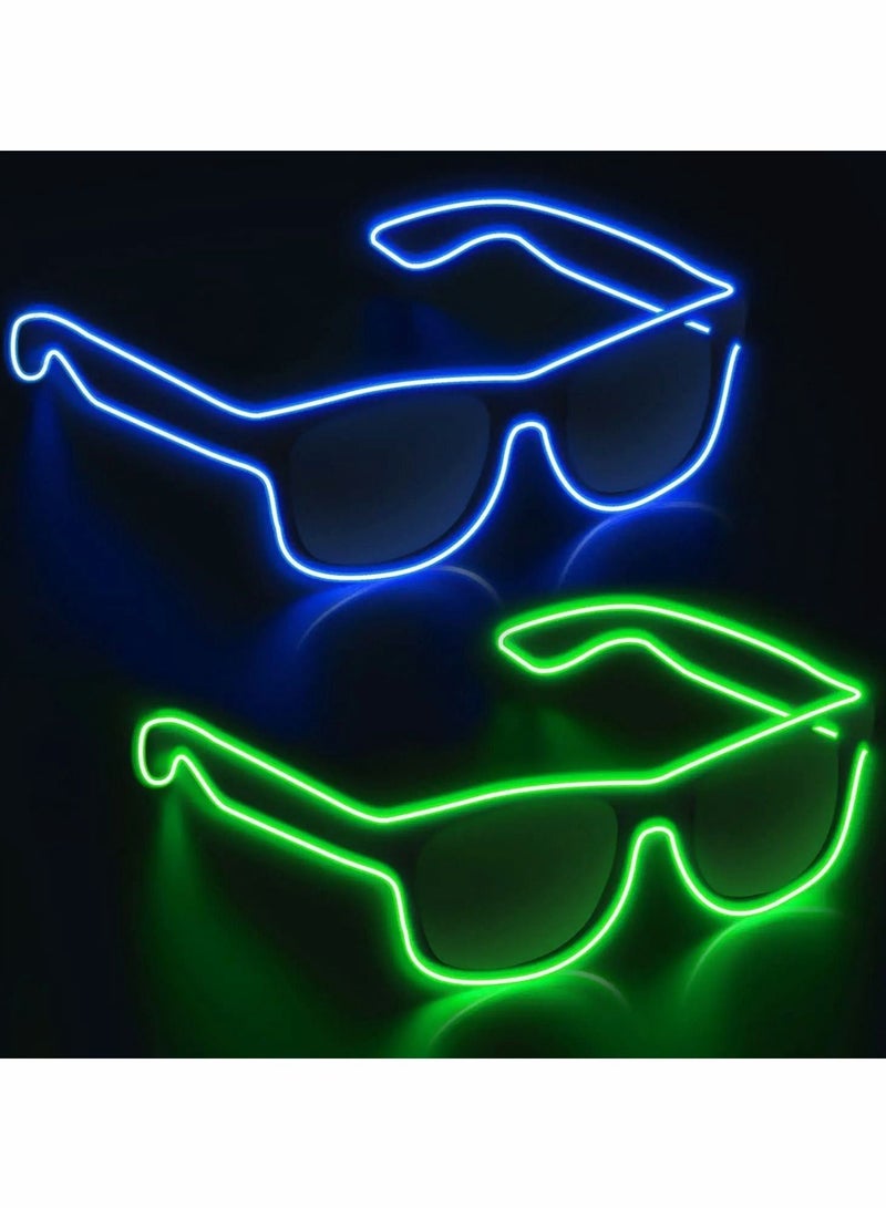 Luminous LED Glasses Glow in the Dark 2 Packs Light up glasses for Rave Party, EDM, Disco, Concert with EL Wire Flashing and Blinking Modes, Green & Purple