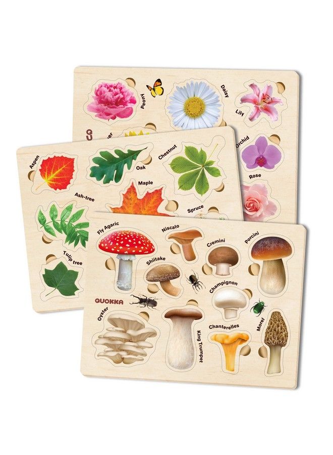 Wooden Puzzles For Toddlers 13 By Quokka 3X Set Montessori Toys Puzzles For Kids Ages 24 Wood Educational Baby Game 1218 Months Gift Learning Mushrooms Flowers Leaves For Boy & Girl 35