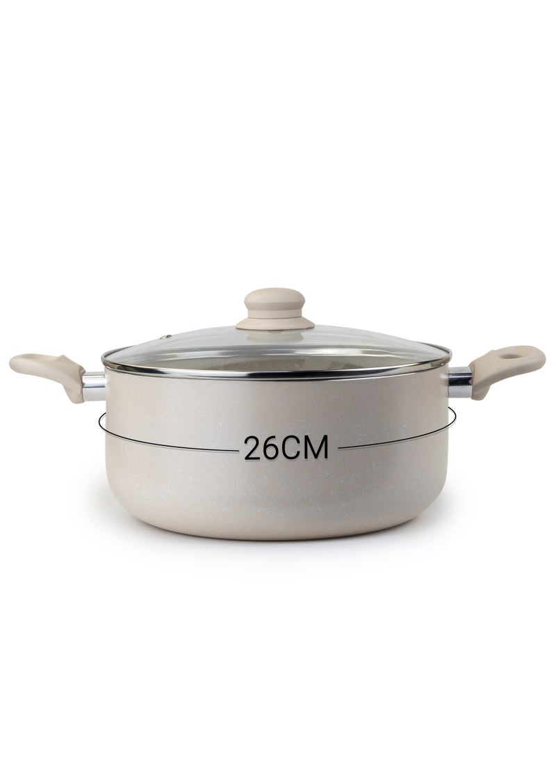 Oak Casserole with Lid and Marble Coating, Soft Touch Handle Stew Pot Suitable for Gas Electric Induction and Ceramic Stove Dutch Oven - 26cm – Cream