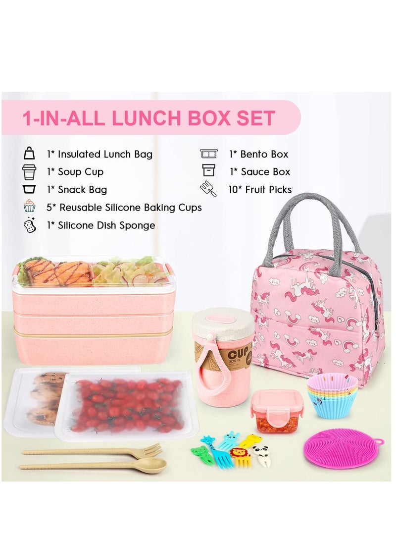 27pcs Bento Box Set, Stackable 3-in-1 Compartment Lunch Box Set, Includes Soup Cup, Sauce Jar, Spoon, Fork, Cake Cup, Fruit Holder, Snack Bag, Leak-proof Lunch Box