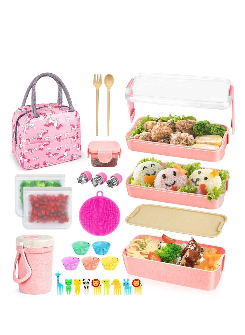 27pcs Bento Box Set, Stackable 3-in-1 Compartment Lunch Box Set, Includes Soup Cup, Sauce Jar, Spoon, Fork, Cake Cup, Fruit Holder, Snack Bag, Leak-proof Lunch Box