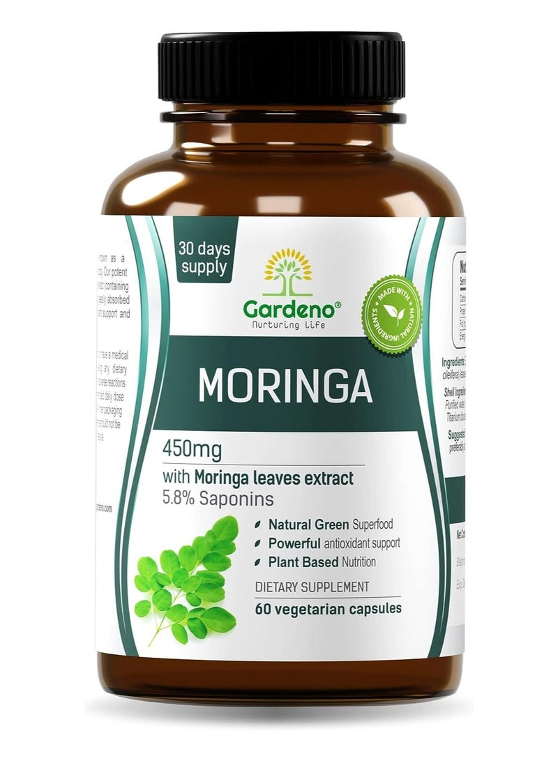Gardeno Moringa Oleifera Leaf Extract Capsules, Energizing Green Superfood, Immune Support, Antioxidant, Metabolism, 100% Pure & Raw from India – 60 Veg Capsules