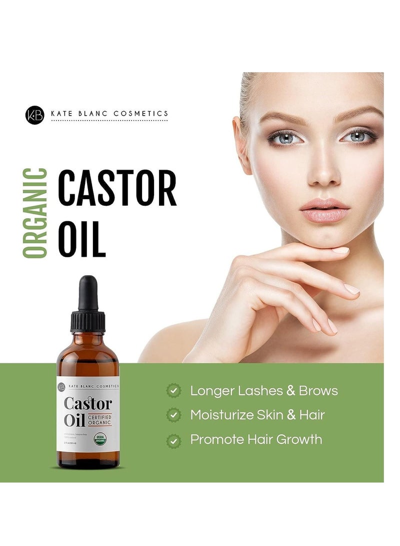Kate Blanc Cosmetics Castor Oil Organic (2oz), 100% Pure, Cold Pressed, Hexane Free. Stimulate Growth for Hair, Eyelashes, Eyebrows. Hair Treatment Starter Kit & Skin Moisturizer