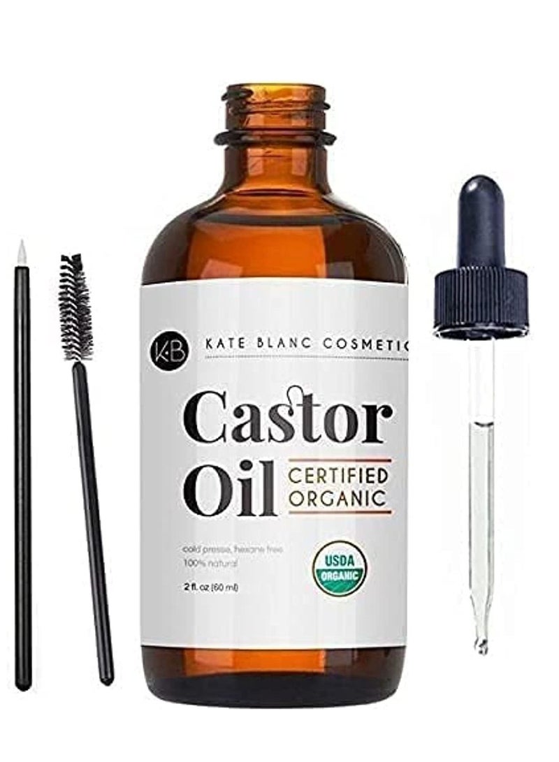 Kate Blanc Cosmetics Castor Oil Organic (2oz), 100% Pure, Cold Pressed, Hexane Free. Stimulate Growth for Hair, Eyelashes, Eyebrows. Hair Treatment Starter Kit & Skin Moisturizer