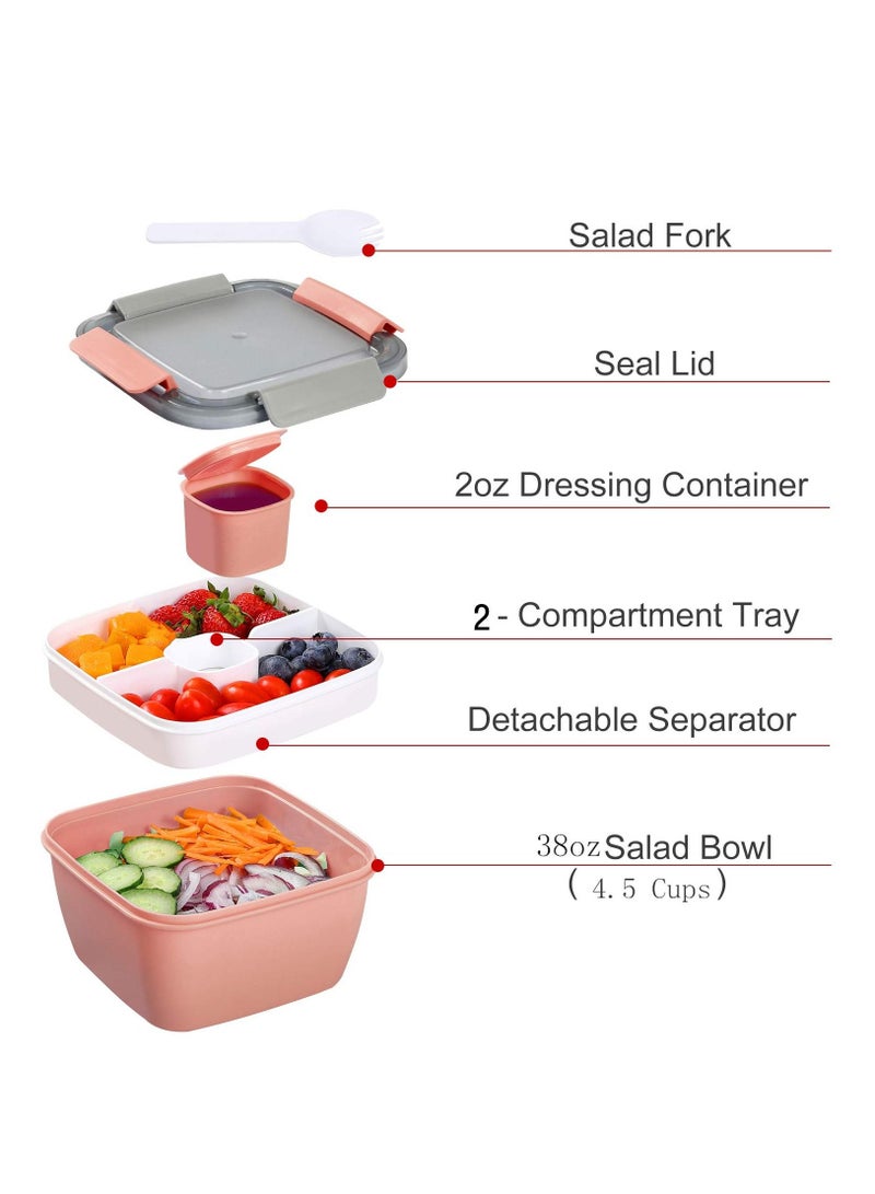 Portable Salad Lunch Box, 38oz Salad Bowl, 2 Compartments with Dressing Cups, Pink