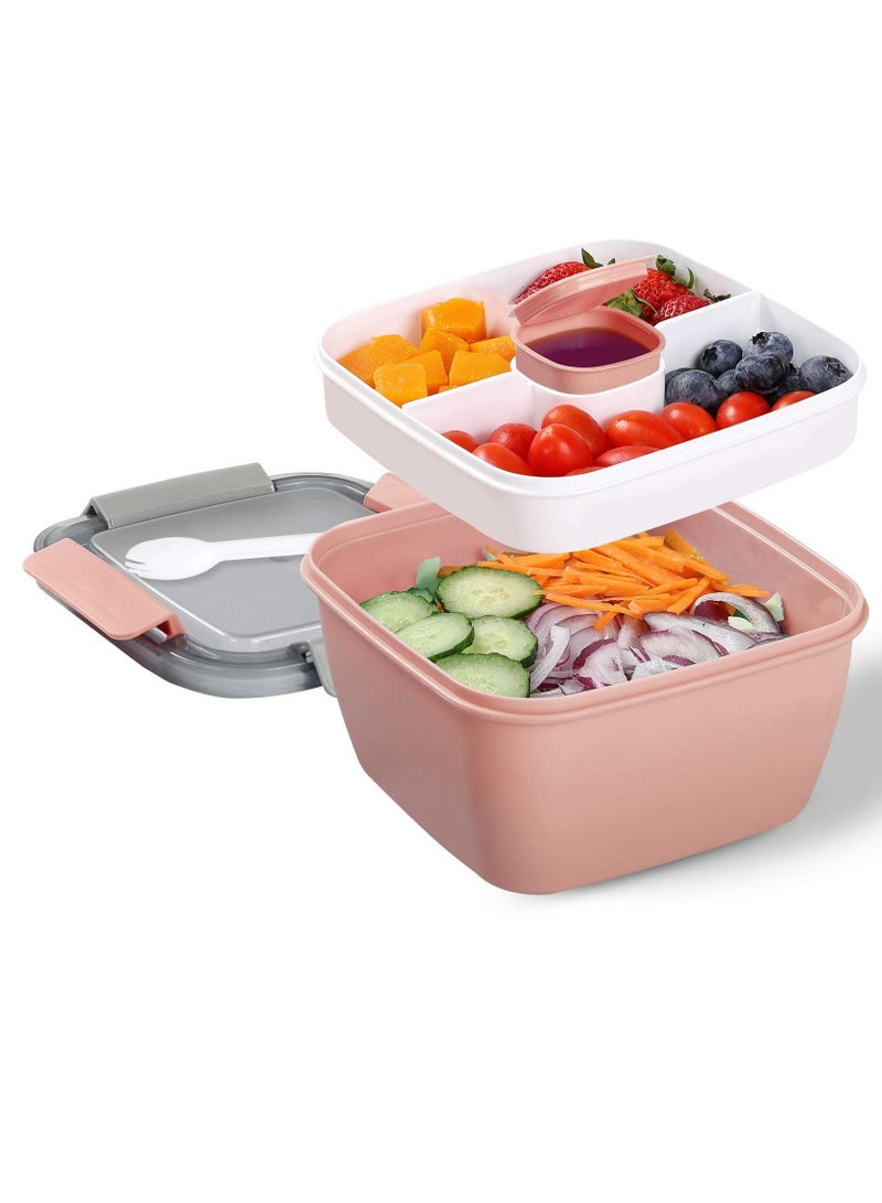 Portable Salad Lunch Box, 38oz Salad Bowl, 2 Compartments with Dressing Cups, Pink