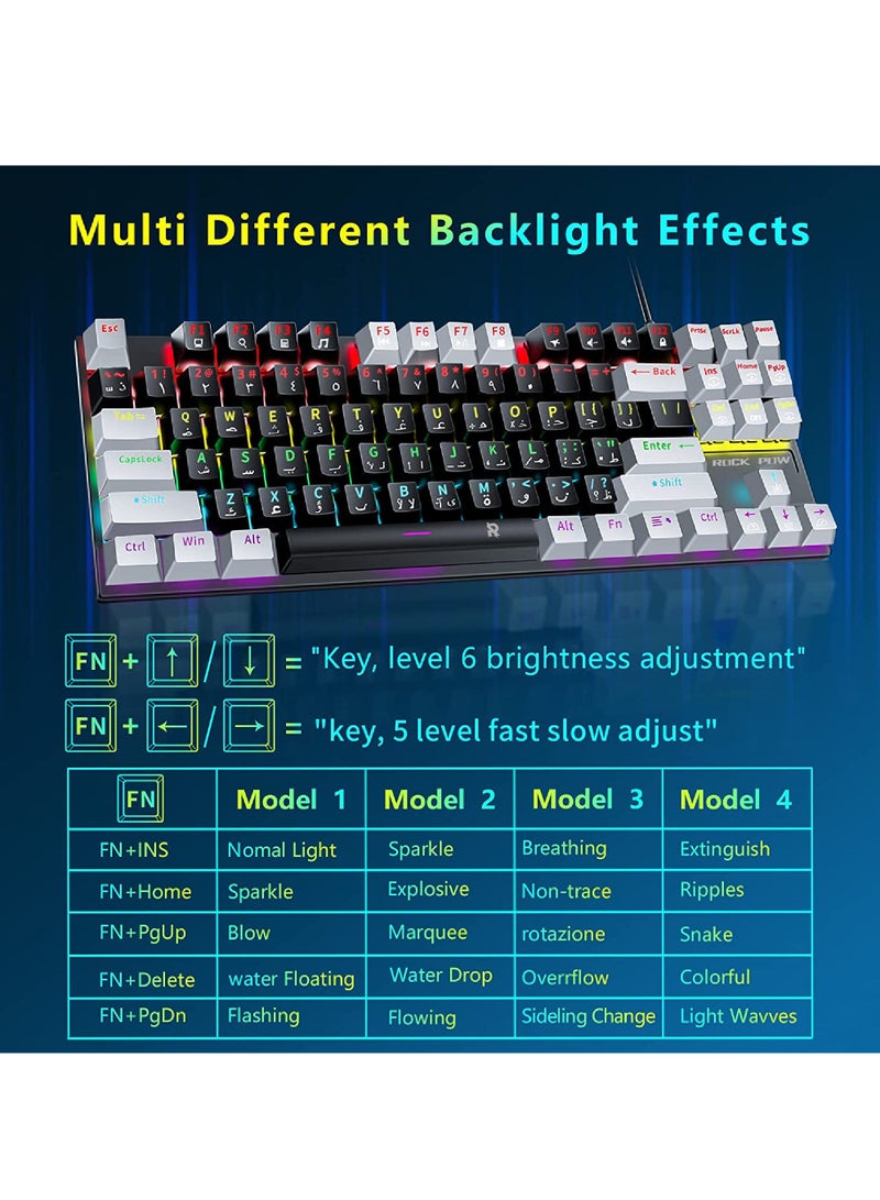 English Arabic Mechanical Gaming Keyboard with RGB LED Rainbow Backlit Quick Response USB Wired E-sport Waterproof 87 Keys Keyboard for Windows/MacOS/Android PC Gamers