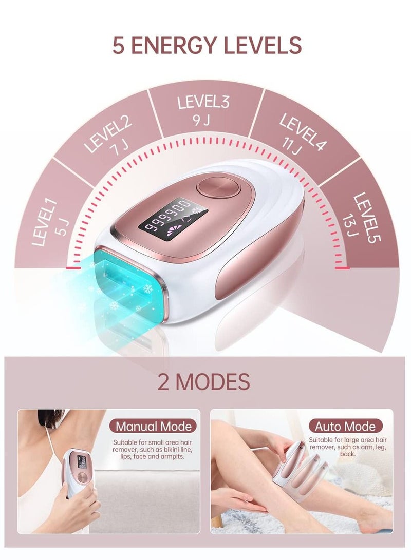 IPL Hair Removal Device, Ice Cooling Function for Painless Hair Removal with 999,900 Flashes, Auto and Manual Mode