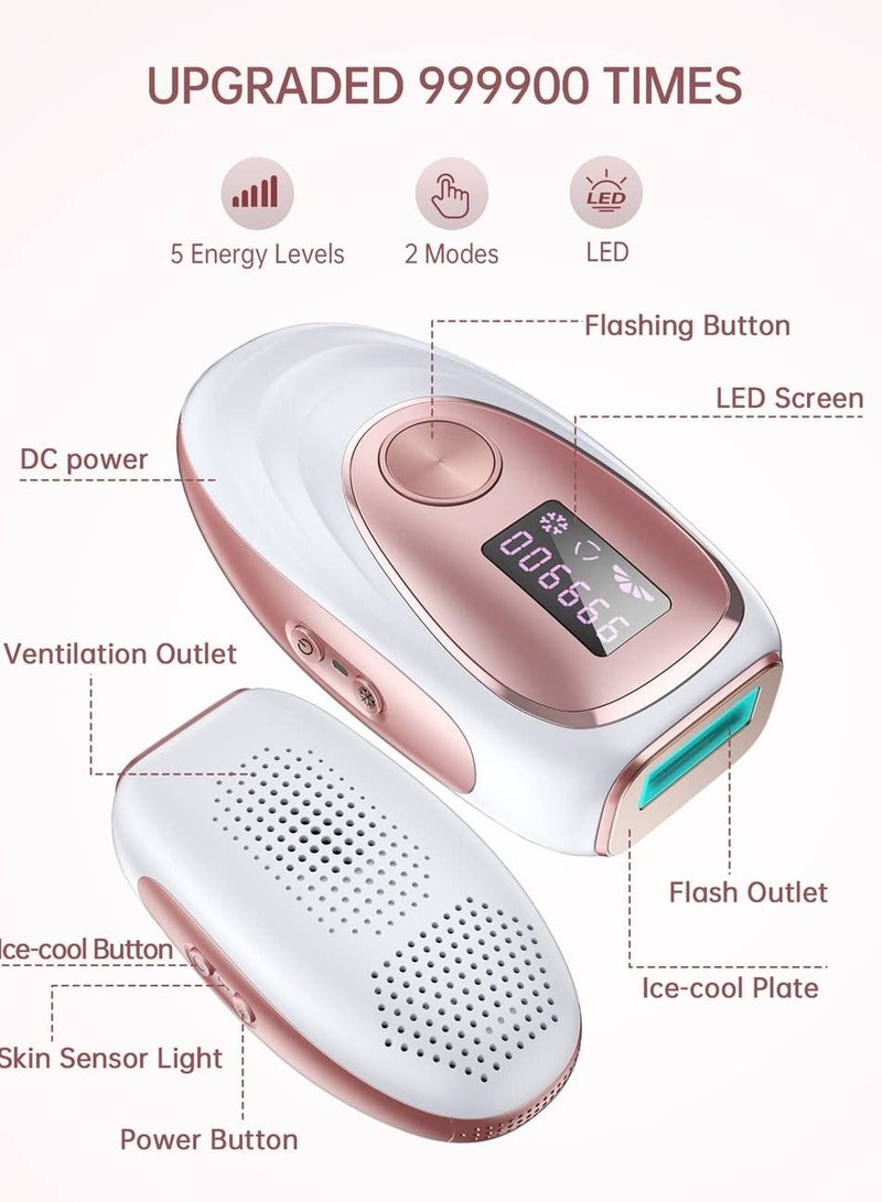 IPL Hair Removal Device, Ice Cooling Function for Painless Hair Removal with 999,900 Flashes, Auto and Manual Mode