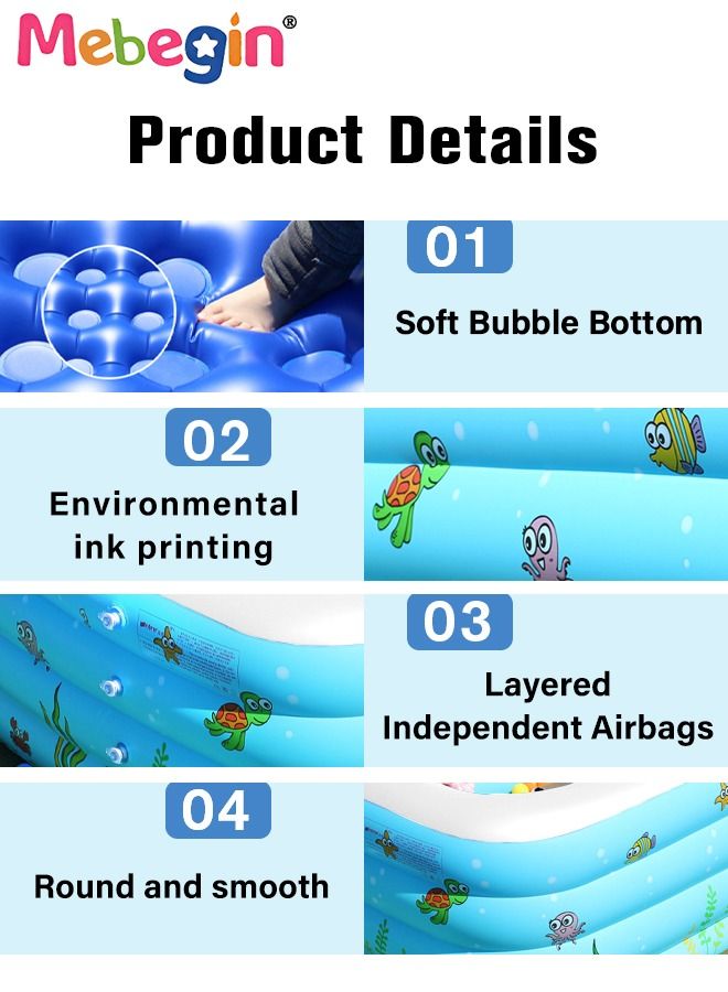 130*90*48cm Rectangle Shape Inflatable Swimming Pool with Marine Animal Print, Thickened Swimming Pool, Paddling Pool with Inflatable Safety Bubble Bottom, Durable Multifunctional Blow up Pool, Family Lounge Pool, Ideal Choice for Indoor Entertainment and Outdoor Activities