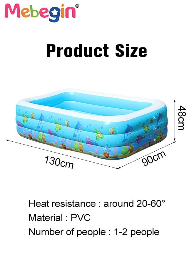 130*90*48cm Rectangle Shape Inflatable Swimming Pool with Marine Animal Print, Thickened Swimming Pool, Paddling Pool with Inflatable Safety Bubble Bottom, Durable Multifunctional Blow up Pool, Family Lounge Pool, Ideal Choice for Indoor Entertainment and Outdoor Activities
