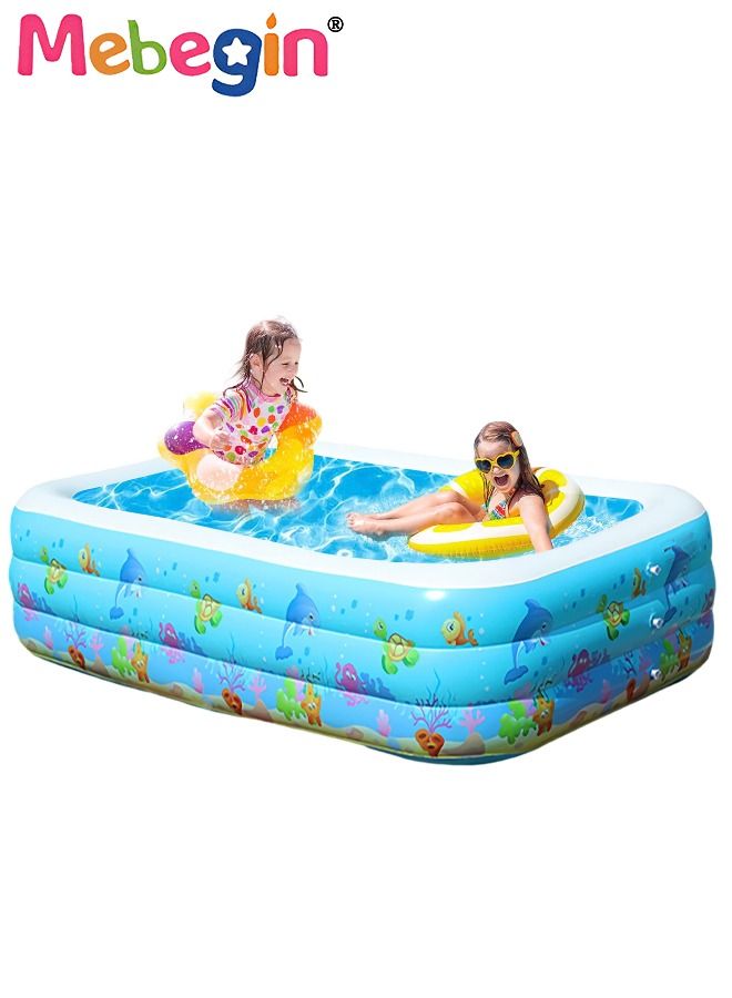 130*90*48cm Rectangle Shape Inflatable Swimming Pool with Marine Animal Print, Thickened Swimming Pool, Paddling Pool with Inflatable Safety Bubble Bottom, Durable Multifunctional Blow up Pool, Family Lounge Pool, Ideal Choice for Indoor Entertainment and Outdoor Activities