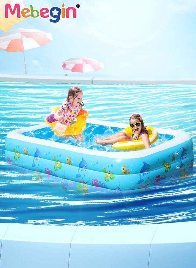 130*90*48cm Rectangle Shape Inflatable Swimming Pool with Marine Animal Print, Thickened Swimming Pool, Paddling Pool with Inflatable Safety Bubble Bottom, Durable Multifunctional Blow up Pool, Family Lounge Pool, Ideal Choice for Indoor Entertainment and Outdoor Activities