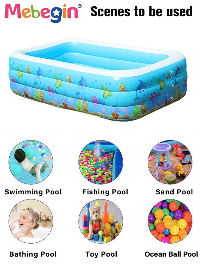 130*90*48cm Rectangle Shape Inflatable Swimming Pool with Marine Animal Print, Thickened Swimming Pool, Paddling Pool with Inflatable Safety Bubble Bottom, Durable Multifunctional Blow up Pool, Family Lounge Pool, Ideal Choice for Indoor Entertainment and Outdoor Activities