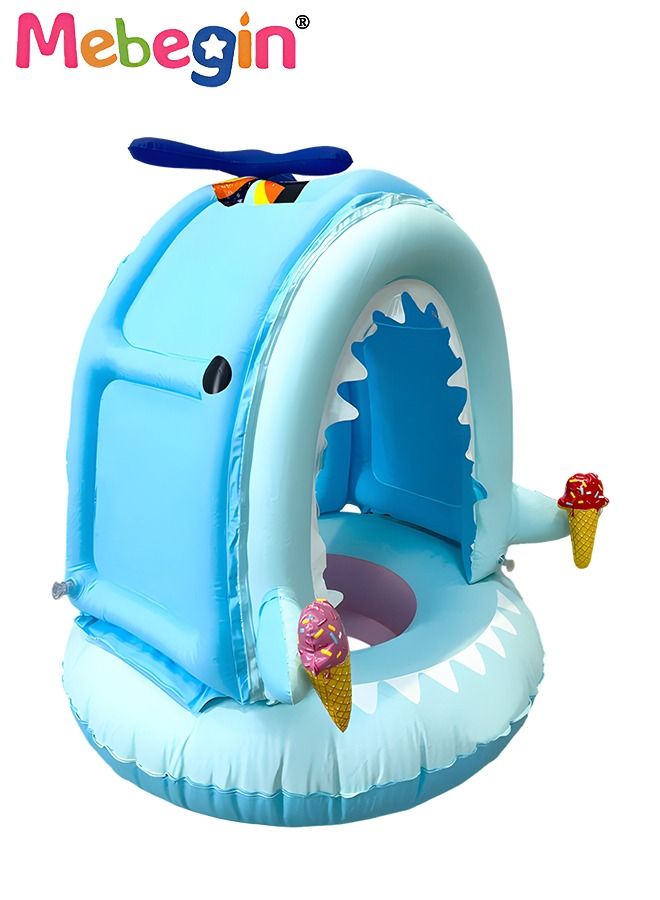 Shark Shape Baby Swimming Ring with UPF 50+ Canopy Back Holder Never Flip 80*70*72cm, Inflatable Baby Pool Float Sunshade for Infant Kids Boys Girls Toddlers Summer Outdoor Beach Water Toys