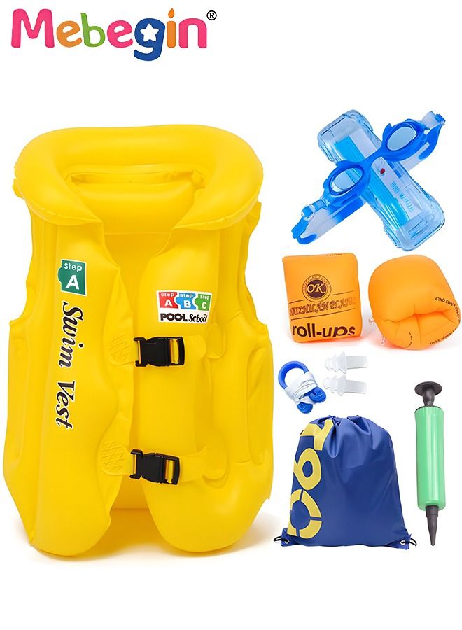 6 Pcs Kids Swim Vest Toddler Floaties for Girls and Boys with Inflator Swimming Goggles,Sleeves,Swimming Bag,Nose Clip,Earplugs,Buoyancy Swimming Aid Float Jacket for Child Learn Swiming Training Infa