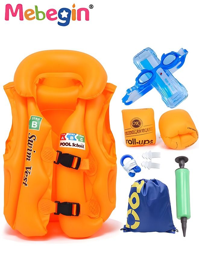 6 Pcs Kids Swim Vest Toddler Floaties for Girls and Boys with Inflator Swimming Goggles,Sleeves,Swimming Bag,Nose Clip,Earplugs,Buoyancy Swimming Aid Float Jacket for Child Learn Swiming Training Infa