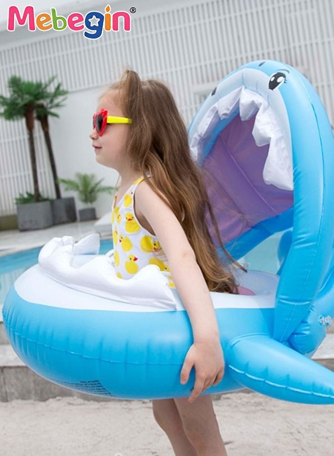 Shark Shape Baby Swimming Ring with UPF 50+ Canopy Back Holder Never Flip 95*70cm, Inflatable Baby Pool Float Sunshade for Infant Kids Boys Girls Toddlers Summer Outdoor Beach Water Toys