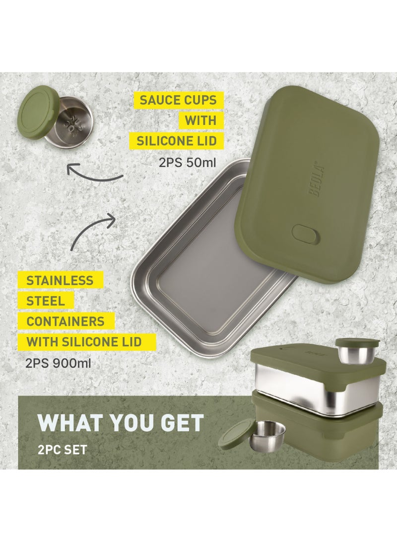 Set of 2 Stainless Steel Lunch Boxes with sauce cup - 2x 900ml, Forest Green