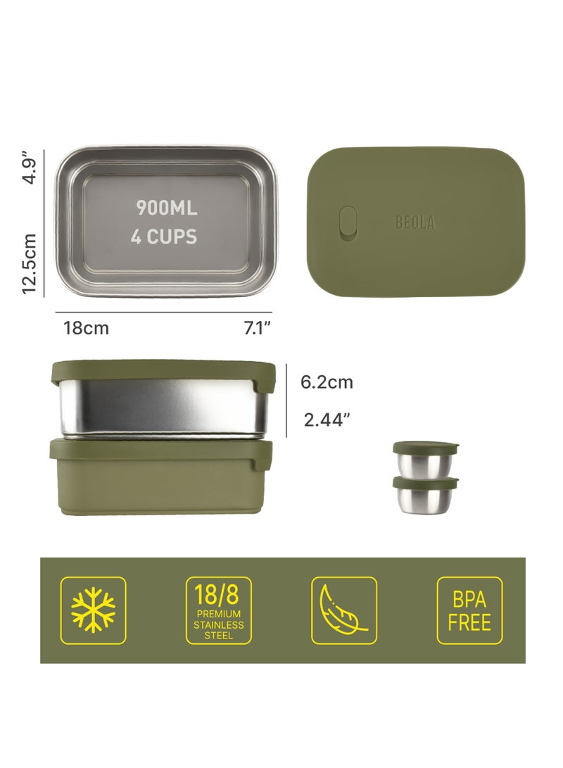 Set of 2 Stainless Steel Lunch Boxes with sauce cup - 2x 900ml, Forest Green