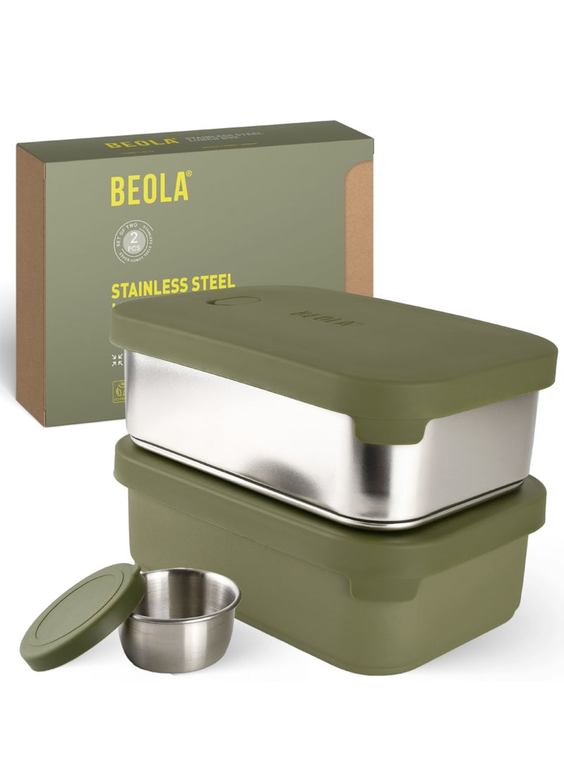 Set of 2 Stainless Steel Lunch Boxes with sauce cup - 2x 900ml, Forest Green