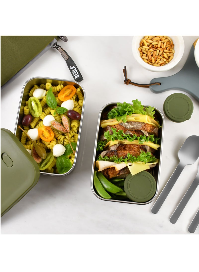 Set of 2 Stainless Steel Lunch Boxes with sauce cup - 2x 900ml, Forest Green