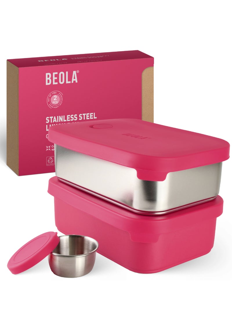 Set of 2 Stainless Steel Lunch Boxes with sauce cup - 2x 900ml, Raspberry