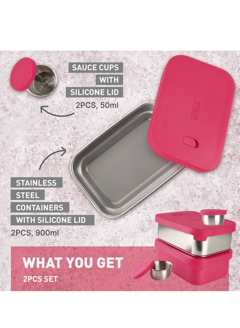 Set of 2 Stainless Steel Lunch Boxes with sauce cup - 2x 900ml, Raspberry