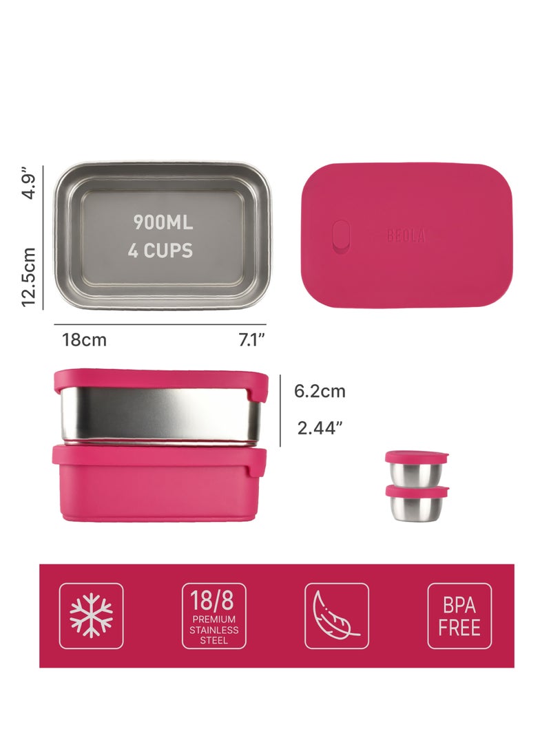 Set of 2 Stainless Steel Lunch Boxes with sauce cup - 2x 900ml, Raspberry